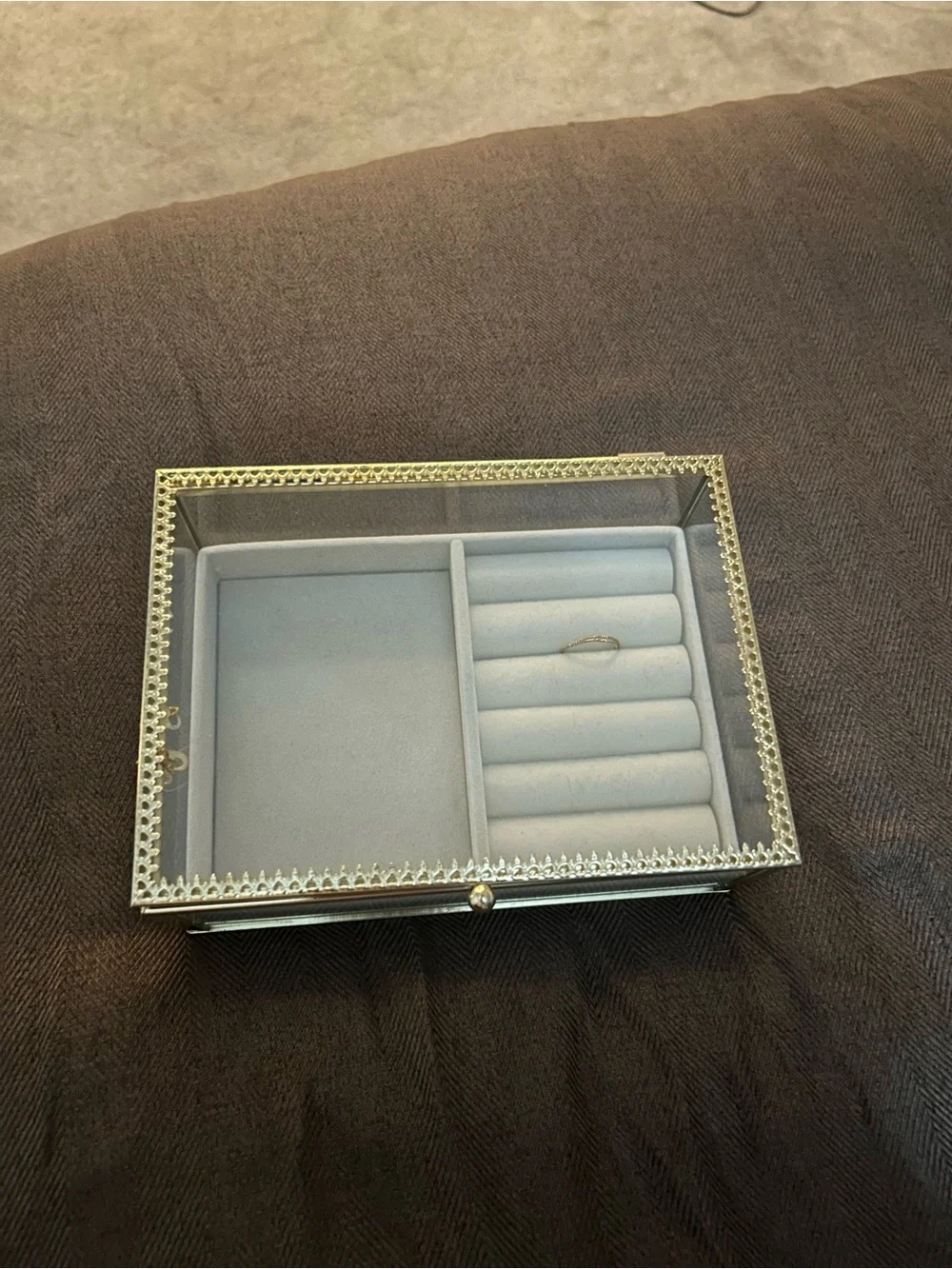 Glass Top Jewelry Organizer Box with Gray Velvet Interior